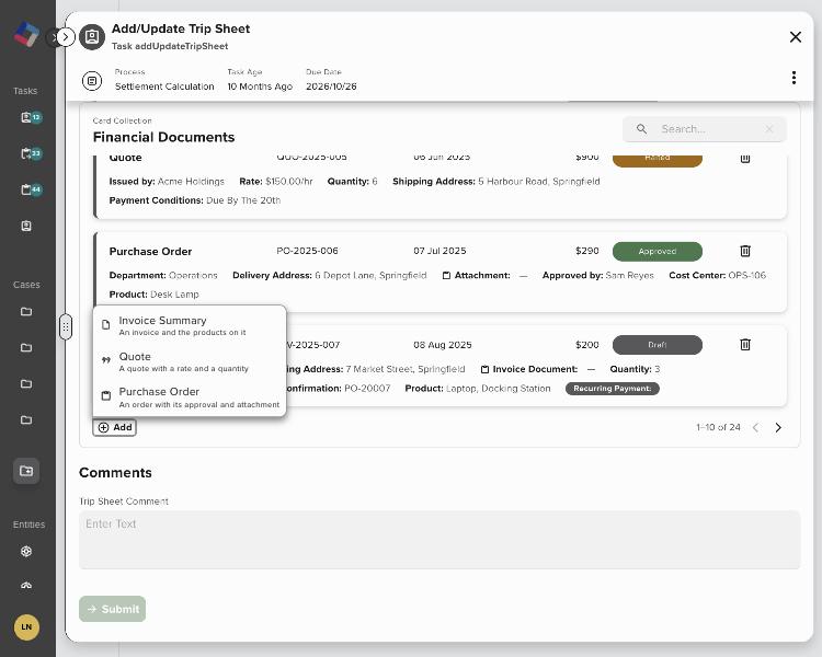 The Add menu listing Invoice Summary, Quote and Purchase Order