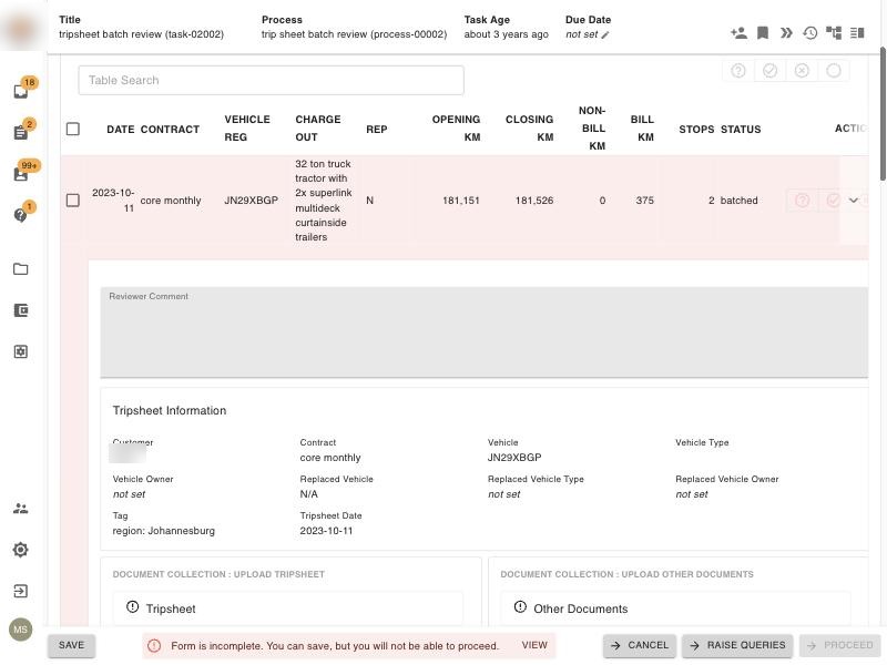 One trip sheet row expanded into a reviewer comment, trip sheet information and document uploads