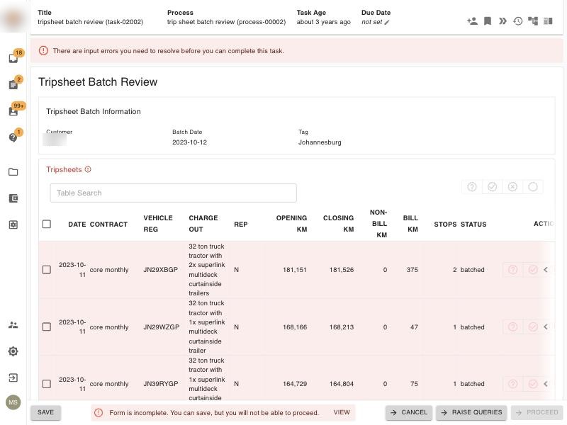 The Tripsheet Batch Review task: a 12-column table of trip sheets, every row tinted pink