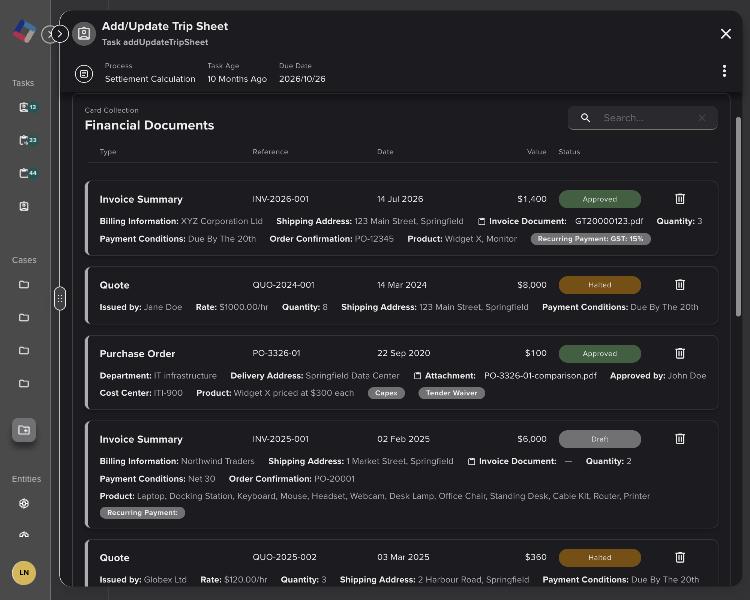 Financial Documents in dark mode: closed cards edged by a faint outline