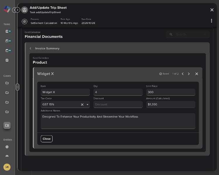 A product open inside an invoice in dark mode: lighter surrounds, outlines and a bright accent bar on the open product
