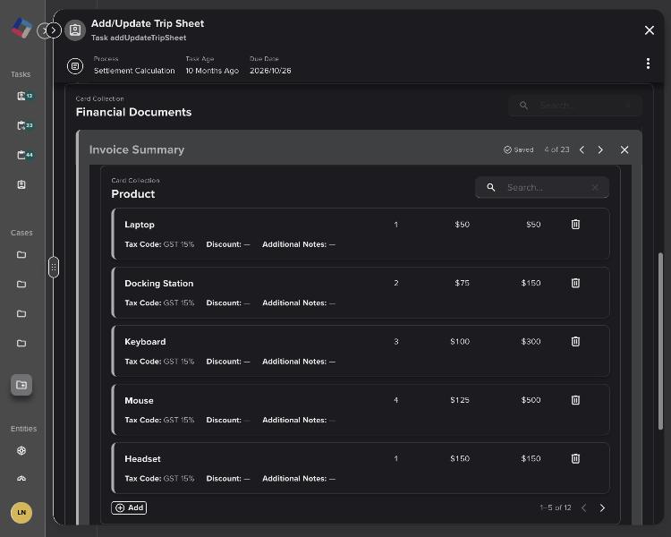 A 12-product invoice in dark mode: 4 of 23 in the strip and 1–5 of 12 at the foot of the product list