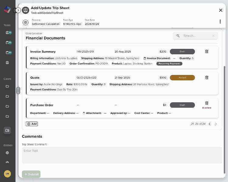 A new Purchase Order card showing 6 errors in its gutter, with Submit disabled below