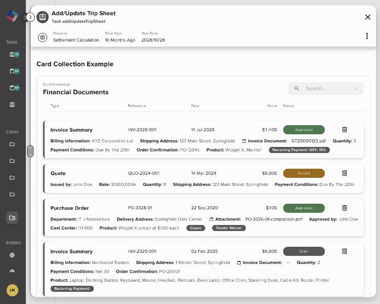 Financial Documents as data cards: each with a row of common fields and a summary below