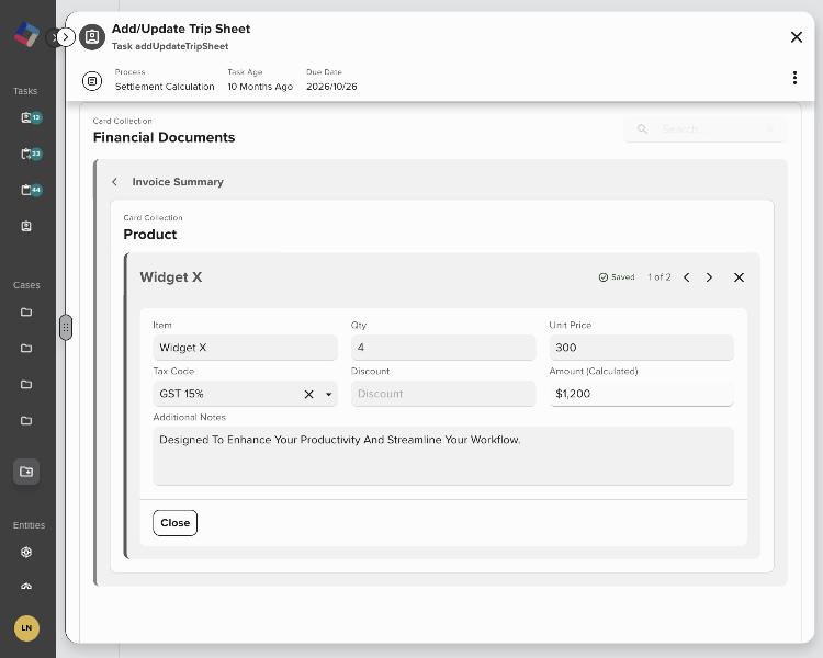 A product open inside the invoice, under an Invoice Summary breadcrumb