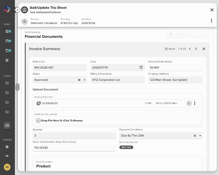 An Invoice Summary opened in place, its strip showing Saved, 1 of 23, previous, next and close
