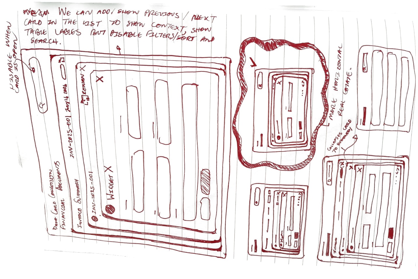 Notebook sketch: an opened invoice with a product open inside it, and smaller layout variants