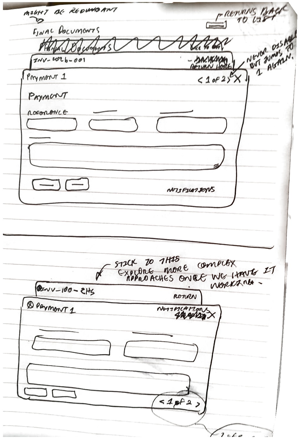 Notebook sketch: stacked headers, with “1 of 2” drawn beside the X and again at the foot